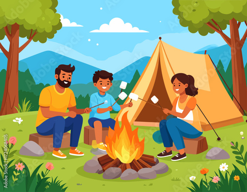 A happy family, including a father, mother, and child, enjoying a summer camping trip, roasting marshmallows over a warm bonfire in a beautiful natural landscape.
