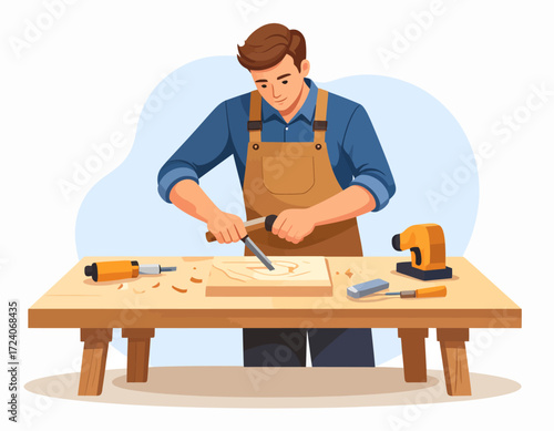 A skilled male carpenter diligently working on a wooden plank with a chisel, showcasing traditional woodworking craftsmanship and dedication to his craft.