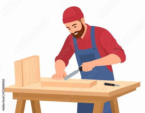 A male artisan with an apron carving patterns into a wooden board on a rustic table, using various tools for woodworking and craftsmanship.
