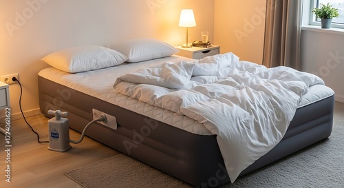 Inflatable mattress in a hotel bedroom, featuring a modern aesthetic