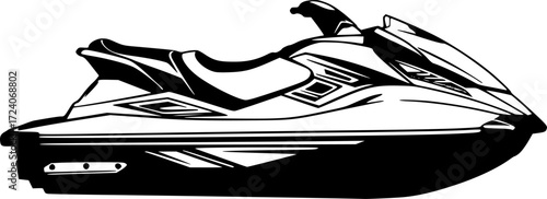 black and white silhouette of a jet ski vector on a white background
