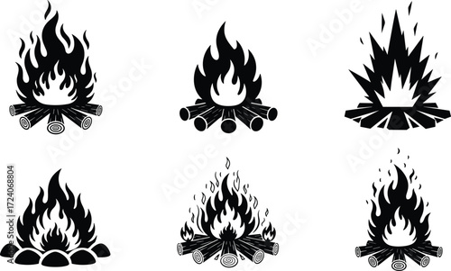 Campfire flame icons, bonfire firewood illustration, burning wood logs, camping fire symbol, outdoor survival fire, vector silhouette flames