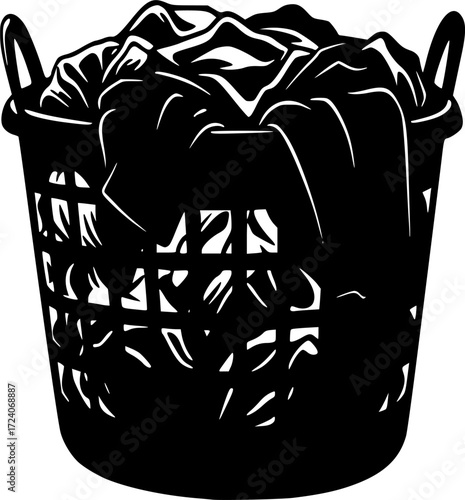 black and white silhouette of a laundry basket vector on a white background
