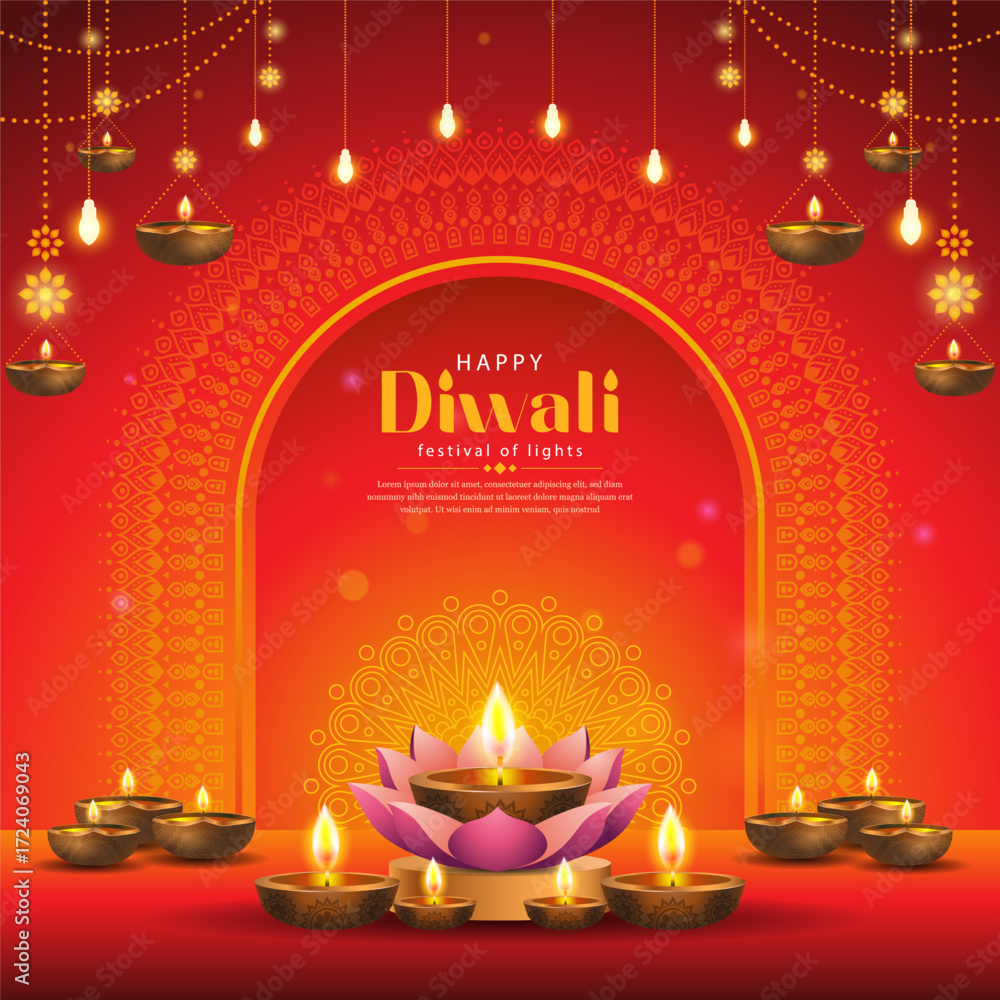 beautiful illustration of happy diwali background with lights and mandala decoration