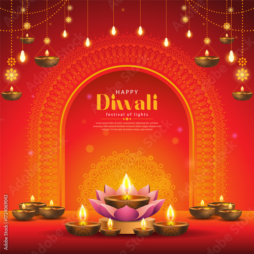 beautiful illustration of happy diwali background with lights and mandala decoration