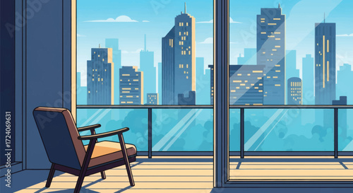 Relaxing chair overlooking stunning city skyline on bright sunny day