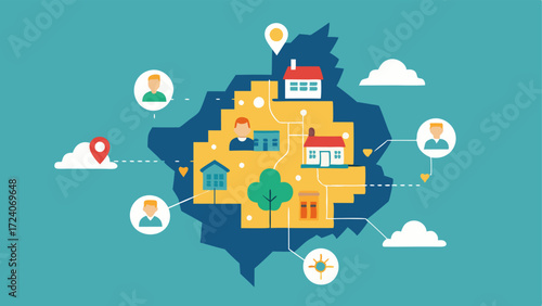 Community Health Insight A simplified map showcasing a community with an AI system highlighting areas for health intervention based on collective health data trends.