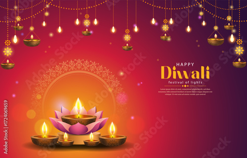 illustration of happy diwali background with lights and mandala decoration. diwali background with lights and mandala