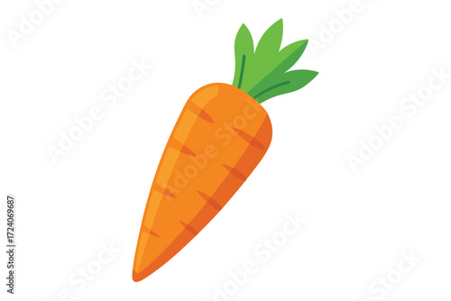 Fresh orange carrot with bright green leafy top is displayed on white