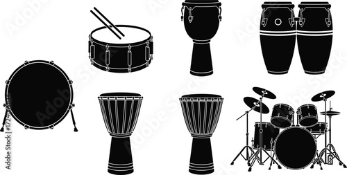 Drum instrument collection, percussion musical instruments, classic drum set, snare drum, bass drum, conga drums, djembe, bongo, music vector illustration set