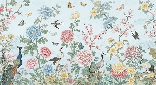 Elegant pastel hued floral wildlife illustration with delicate birds and butterfly