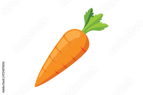 Orange carrot with green leaves stands upright against the bright, plain, white background