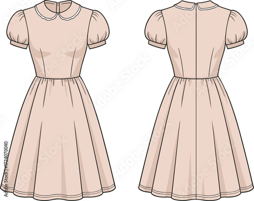 Women’s puff sleeve dress flat sketch with round collar, fitted waist and flared skirt, fashion CAD template front and back views
