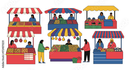 A colorful outdoor market scene with several vendors selling fresh produce.