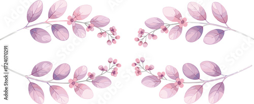 Pink and purple leaf illustration, botanical branch design, berry cluster artwork, symmetrical nature composition, decorative foliage, white background, floral art