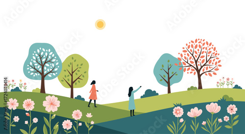 Two people enjoy a beautiful sunny day in a colorful meadow full of flowers and trees.