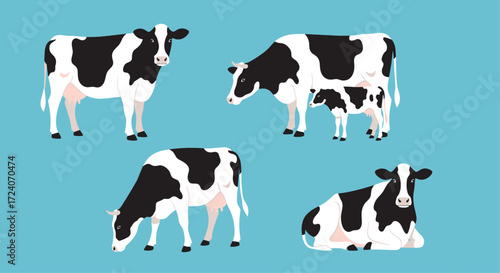 A collection of dairy cows in different poses on a blue background.
