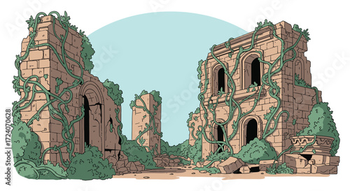 Ancient overgrown ruins stand against a clear blue sky.