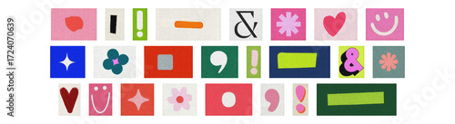 Bright punctuation symbols collage, magazine cutouts on transparent PNG
