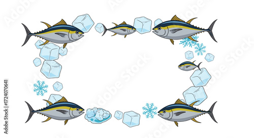 Frozen fish and ice crystals border design.