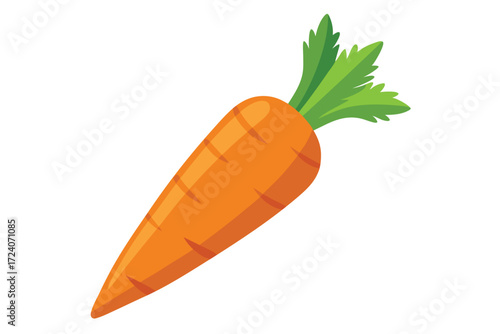 Single orange carrot with vibrant green leaves resting against a clean white background