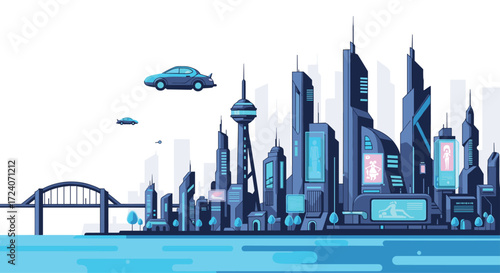 A futuristic cityscape with flying cars and neon signs.