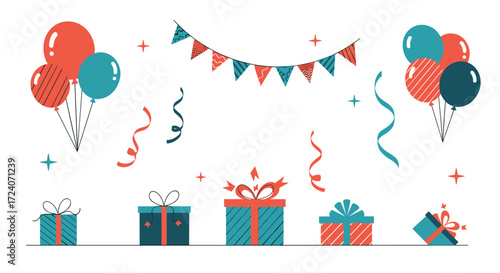 Festive birthday celebration elements with balloons and gifts.