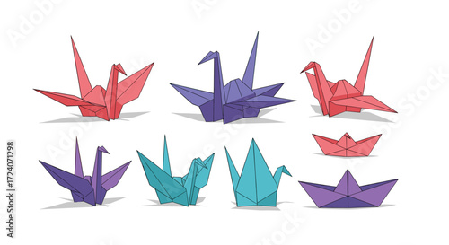 Origami paper cranes and boats art display