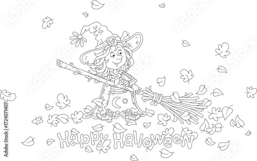 Happy little Halloween witch with her magical broom sweeping fallen autumn leaves, black and white outline vector cartoon illustration for a coloring book