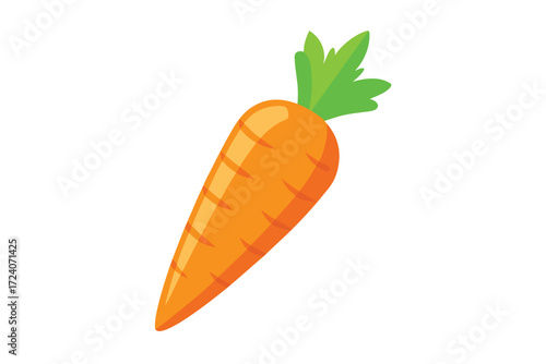 One vibrant orange carrot with green leaves sits diagonally on a white background