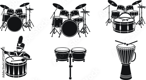 Drum set collection, percussion musical instruments, snare drum, marching band drum, conga drums, bongo, djembe, rhythm music, classic drum vector illustration