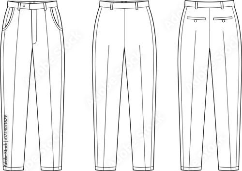 Men’s trousers flat sketch with pleats, waistband, side and back pockets, tailored pants fashion CAD template front and back view