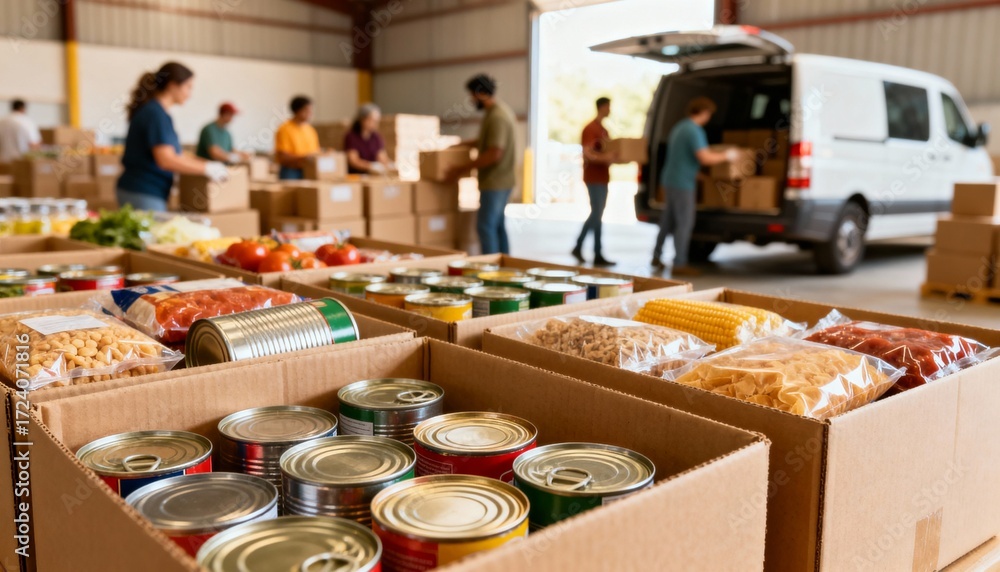 custom made wallpaper toronto digitalClose-up of aid boxes with food staples in warehouse, volunteers preparing and loading for distribution