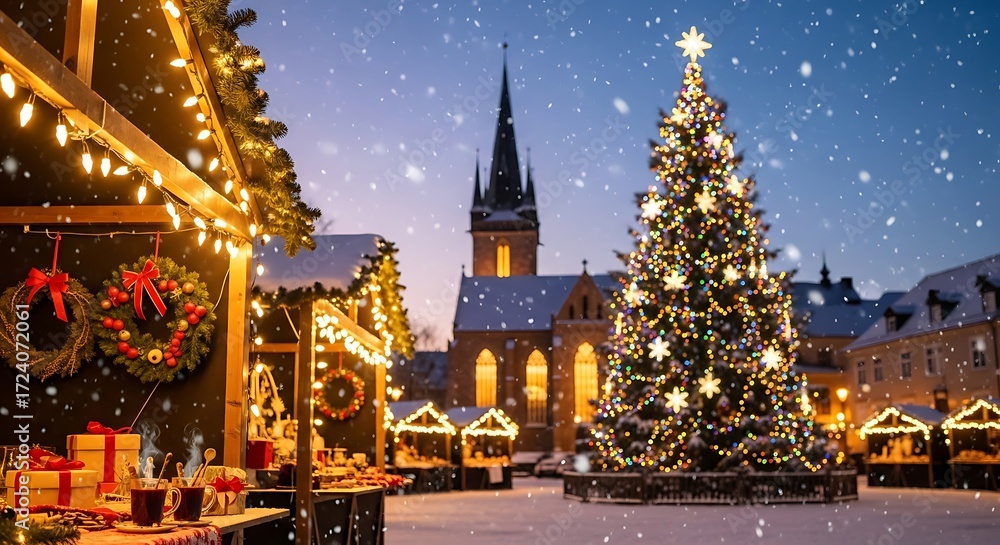 Fototapeta premium Festive christmas market scene with a decorated tree and snow falling
