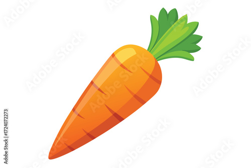 Fresh orange carrot with vibrant green leaves is isolated against a bright white background