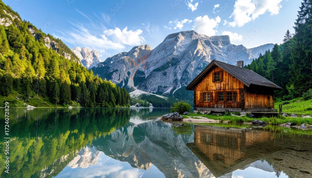 Fototapeta premium Mountain lake cabin scenic landscape