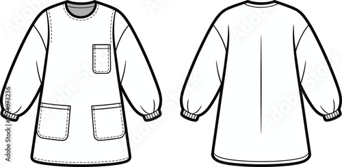 Women’s tunic blouse flat sketch with crew neck, long sleeves, elastic cuffs, chest pocket, double front patch pockets, casual oversized top vector template