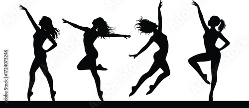 Ballet dancer silhouette collection, graceful female dancers, stage performance, elegant poses, vector illustration, artistic movement, choreography design, black silhouettes, dance art