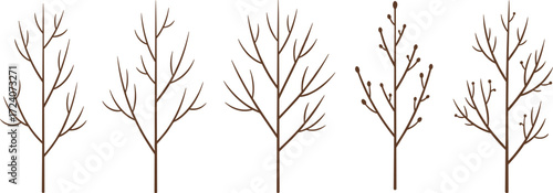 Stylized tree growth stages, seasonal transition illustration, leafless and budding trees, brown trunk design, nature concept art, spring evolution
