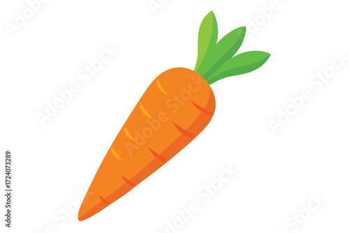 Isolated cartoon carrot displays an orange body with green leafy tops on the white background