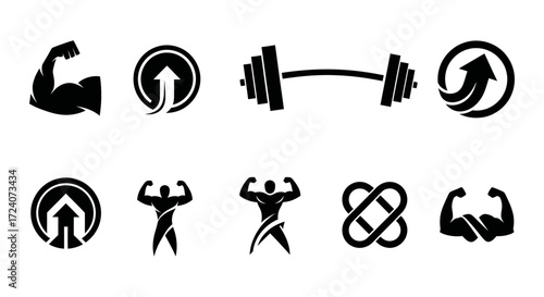 A collection of bold, fitness icons, showcasing strength, muscle, and a barbell for gym logos and modern workout branding, symbolizing power and growth.