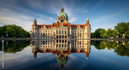 Hanover City Hall reflected in the Maschteich at Sunrise, Germany