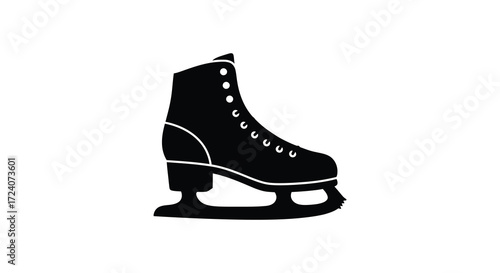A single black ice skate displayed against a white background silhouette