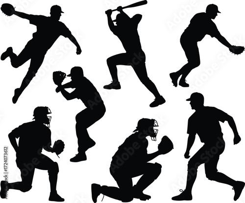 Baseball player silhouette collection, pitcher, batter, catcher, fielder, runner, sports action poses, vector illustration, athletic movement, team sport design