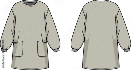 Oversized tunic top fashion flat sketch with crew neck, long sleeves, elastic cuffs, front patch pockets, casual loose fit blouse vector template