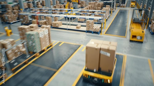 Automated warehouse robots transporting packages on conveyor belts and shelves showcasing efficient logistics modern technology industrial automation transport storage systems