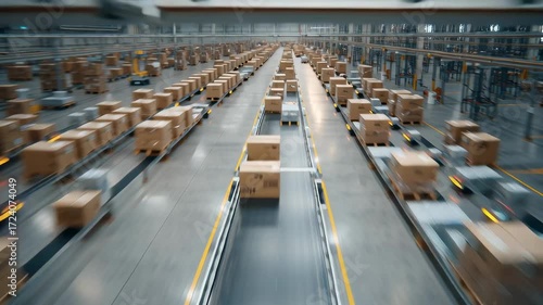 Automated warehouse conveyor system with multiple robots transporting packages and cardboard boxes showcasing efficient logistics, industrial automation, fast delivery, and transport operations