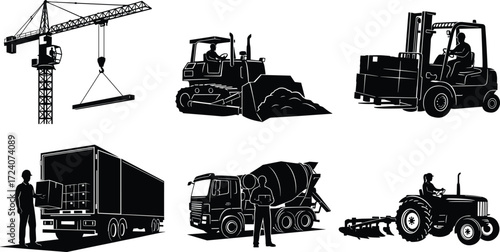 Construction vehicles, heavy machinery, crane, bulldozer, forklift, cement mixer truck, tractor, 
