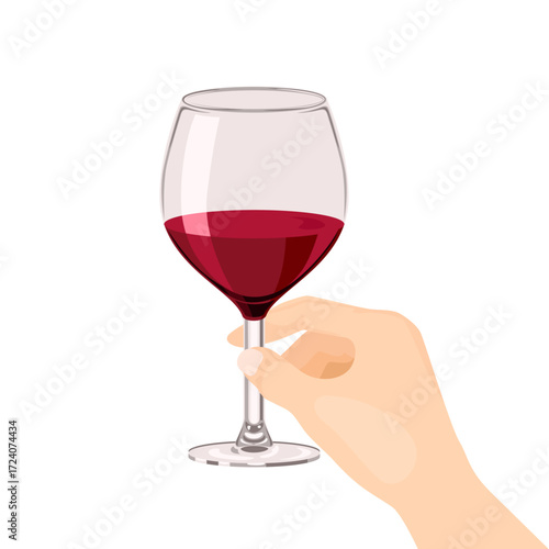 Glass of red wine in hand isolated on white background. Vector cartoon flat illustration.
