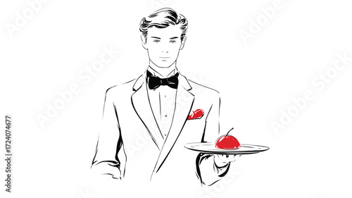 Elegant Waiter Vector Illustration Isolated on White Background